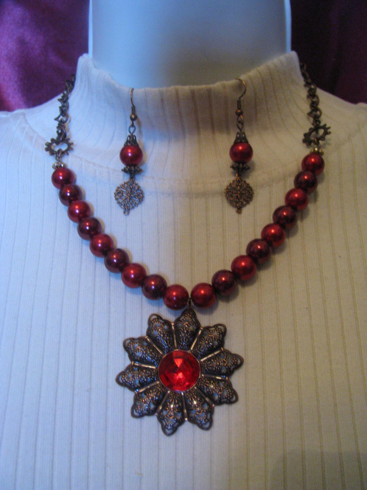 10 Off 2set Gorgeous Red Floral Pendant Necklace And Matching Red Glass Pearl Earrings