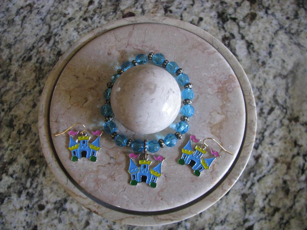 10 Off 2set Gorgeous Kids Princess Castle Jewelries Elastic Charm Bracelet Blue Beads And Matching Earrings