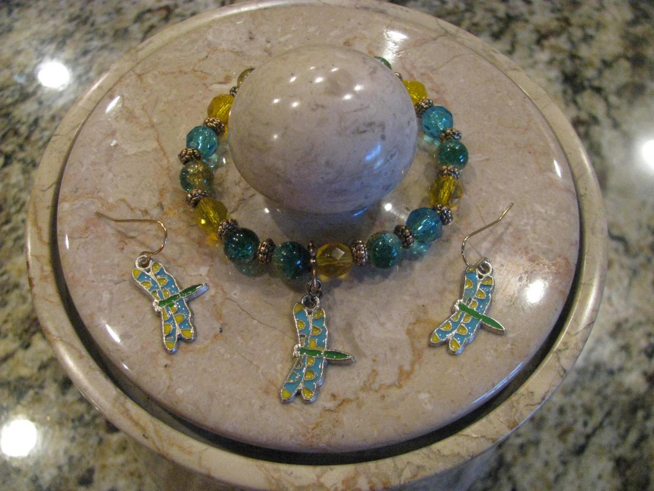 10 Off 2set Gorgeous Kids Colorful Dragonfly Jewelries Elastic Charm Bracelet And Matching Earrings