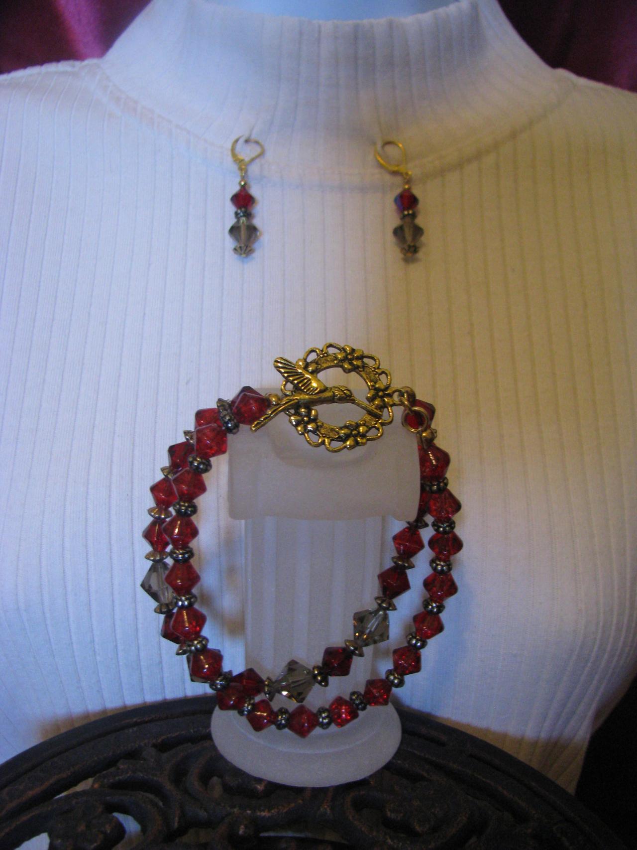 10 Off 2set Dual Strand Bracelet With Beautiful Hummingbird Toggle Clasp And Matching Red Bead Earrings Great Valentines Gift