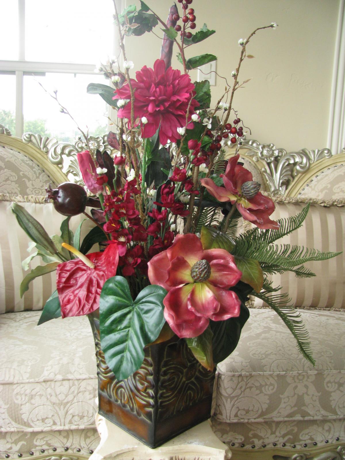 100 Off Silk Red Burgundy Exotic Tropical Floral Arrangement In ...