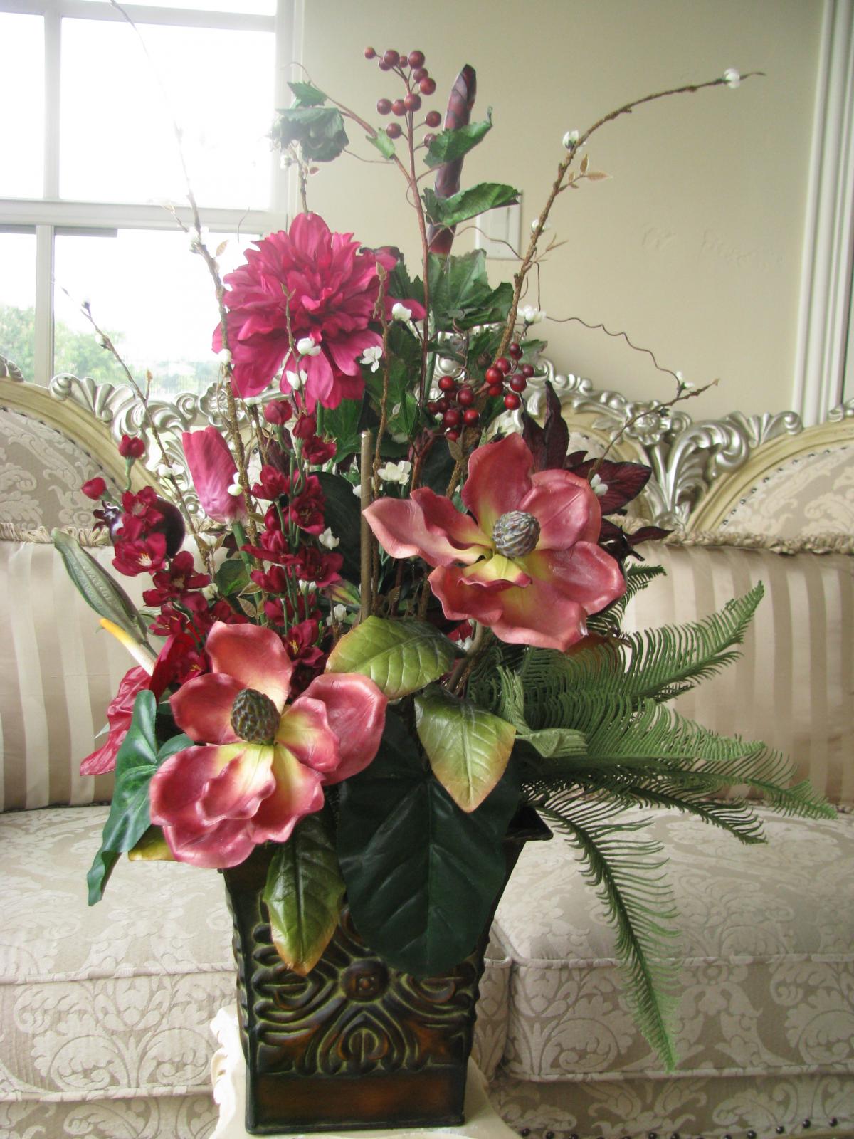 100 Off Silk Red Burgundy Exotic Tropical Floral Arrangement In ...