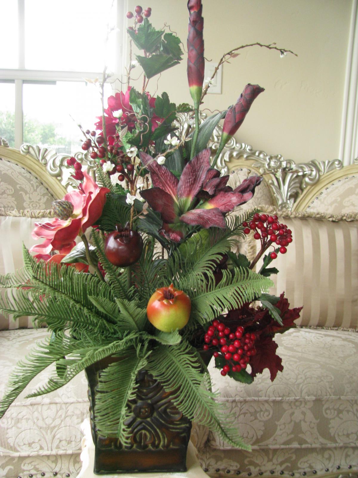 100 Off Silk Red Burgundy Exotic Tropical Floral Arrangement In ...