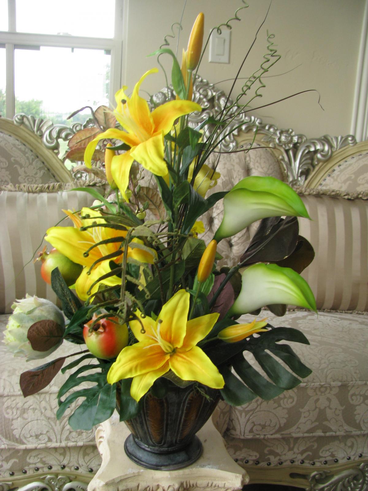 100 Off Silk Yellow Exotic Tropical Floral Arrangement Tin Ornate Vase