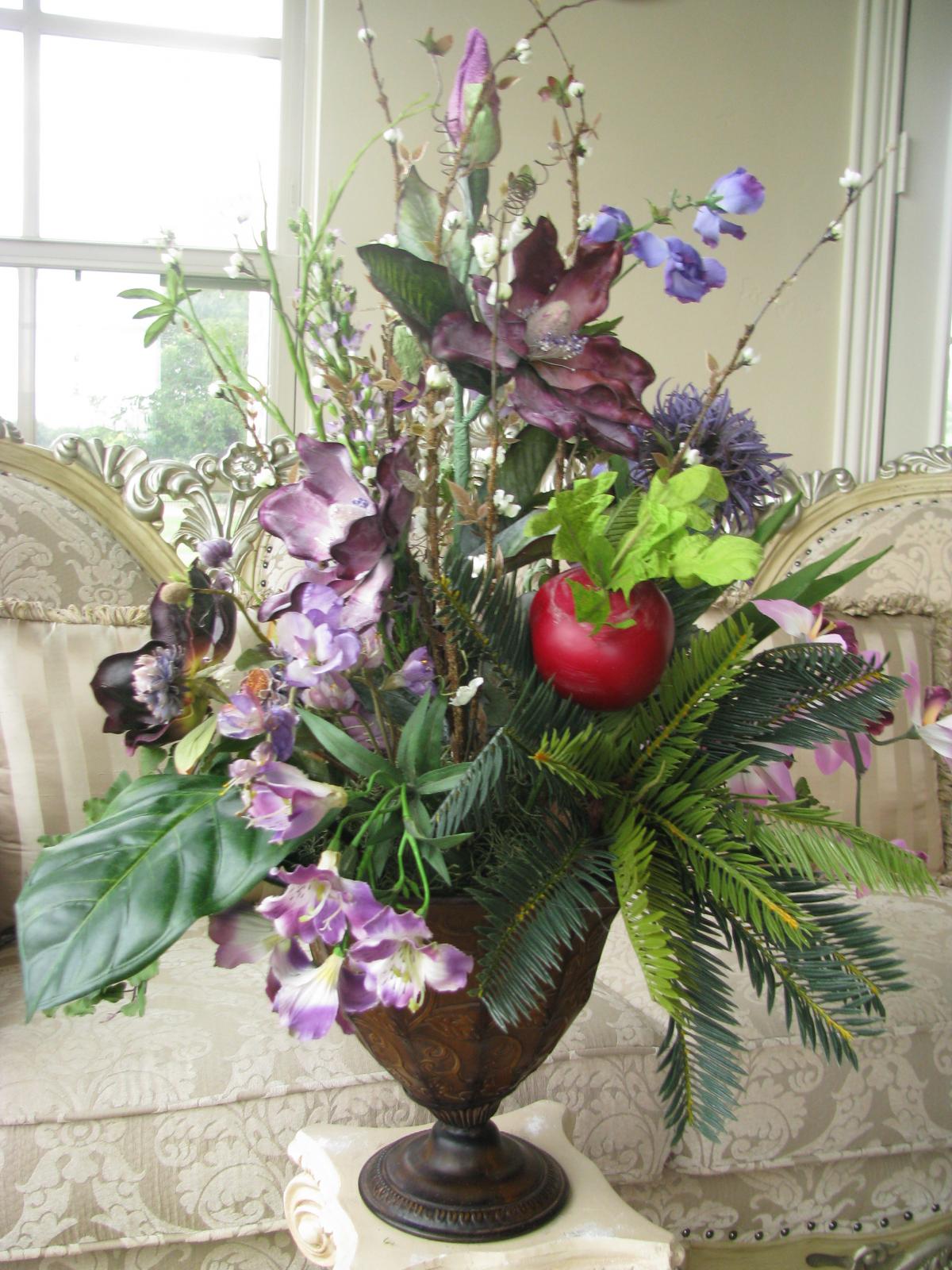 100 Off Silk Purple Exotic Floral Arrangement Ornate Tin Rustic Vase on