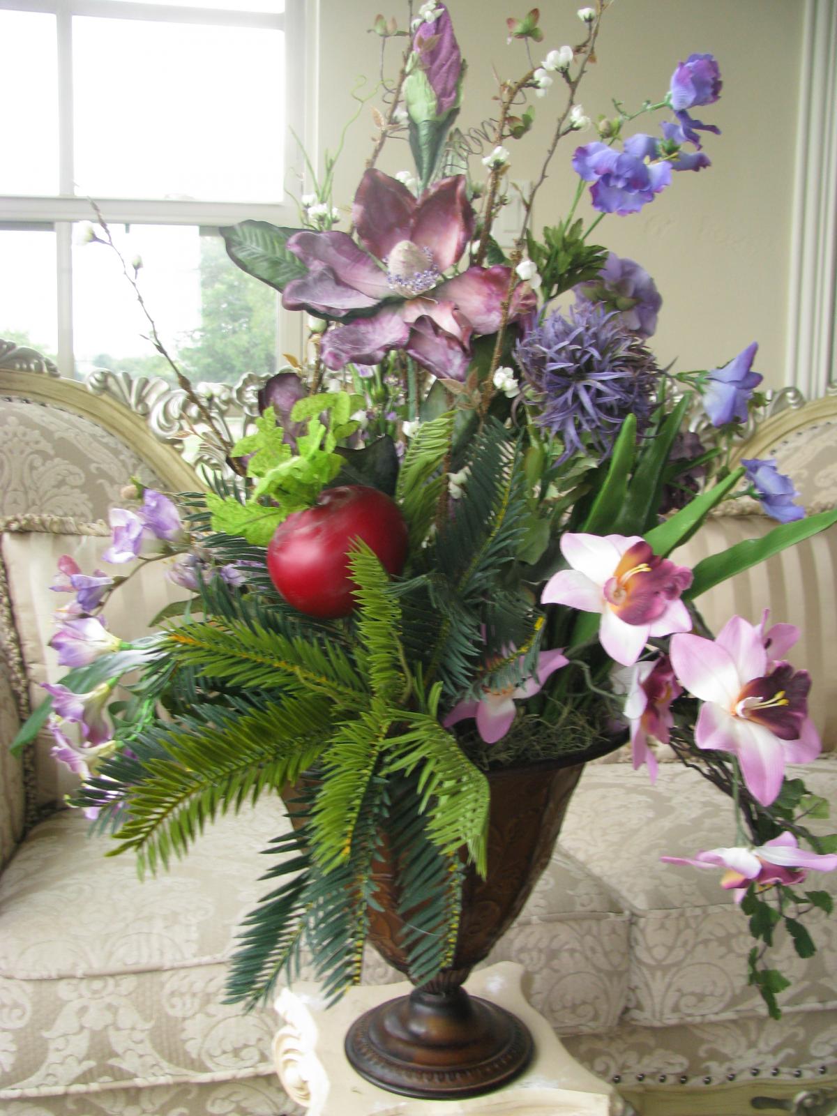 100 Off Silk Purple Exotic Floral Arrangement Ornate Tin Rustic Vase on