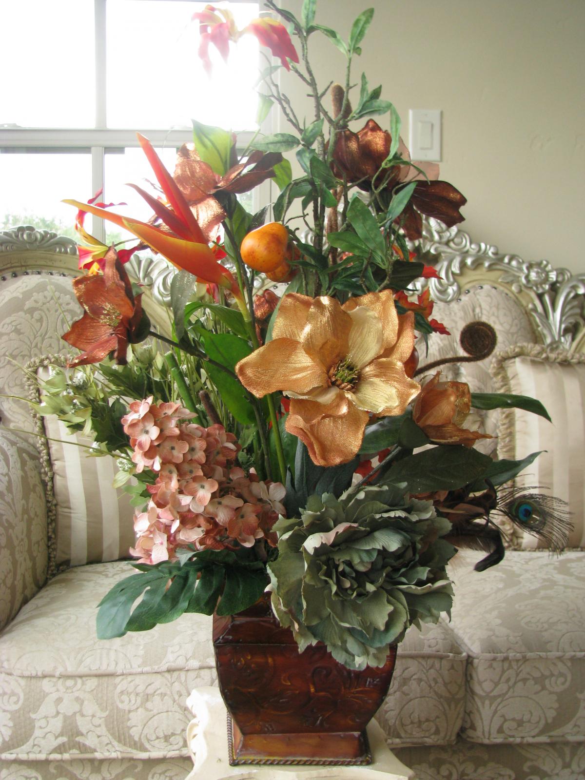 100 Off Silk Rustic Orange Exotic Floral Arrangement Tin Ornate Vase