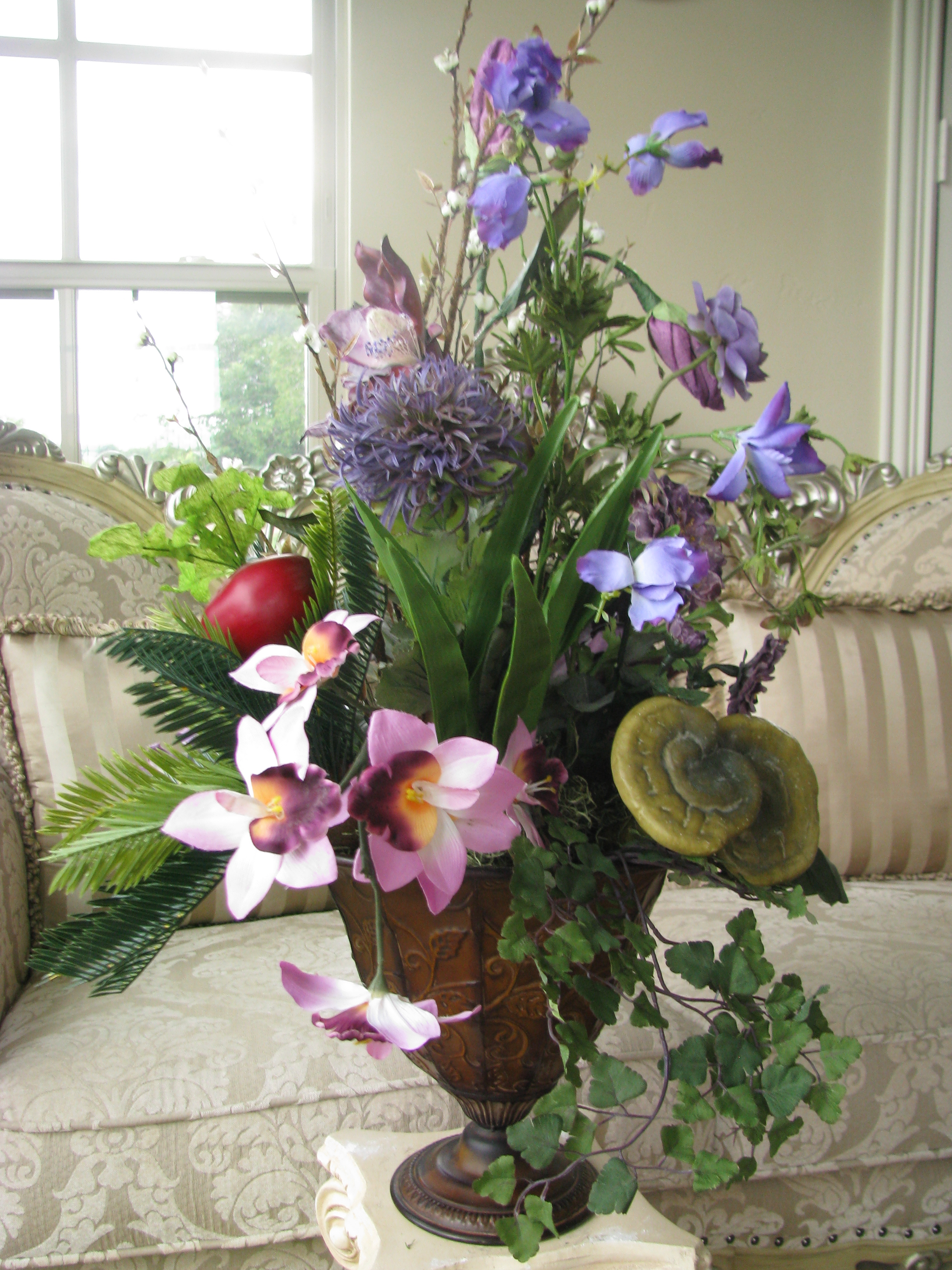 100 Off Silk Purple Exotic Floral Arrangement Ornate Tin Rustic Vase on